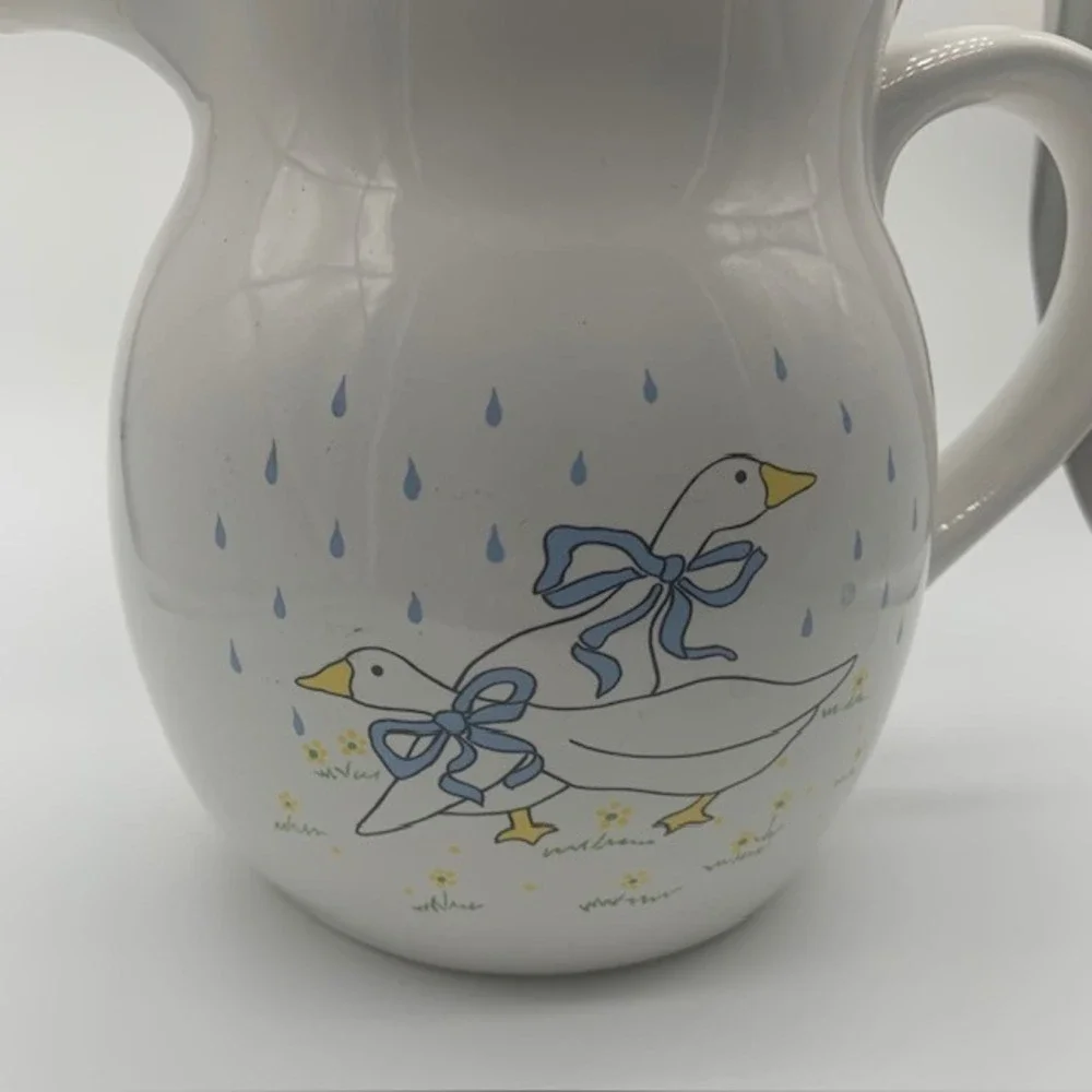 Vintage Goose Water Pitcher 6" Ceramic Country Cottage Farmhouse Blue Bow Ducks - Picture 2 of 6